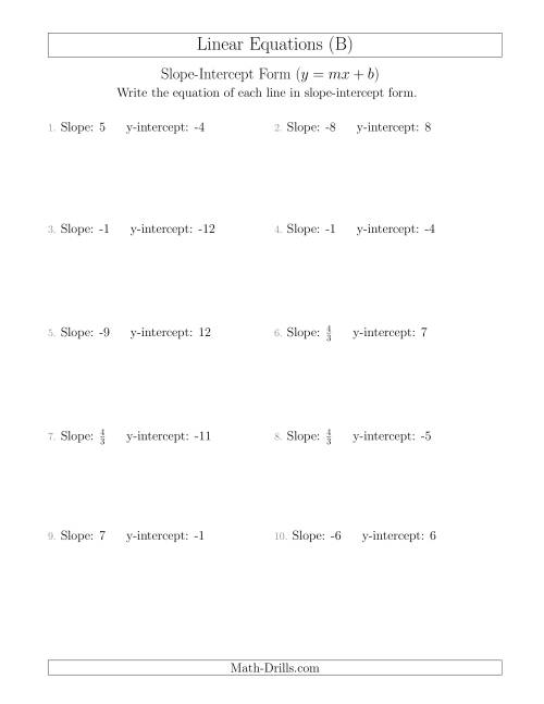 The Writing a Linear Equation from the Slope and y-intercept (B) Math Worksheet