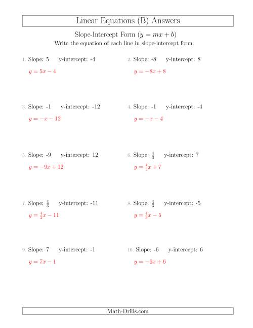 The Writing a Linear Equation from the Slope and y-intercept (B) Math Worksheet Page 2