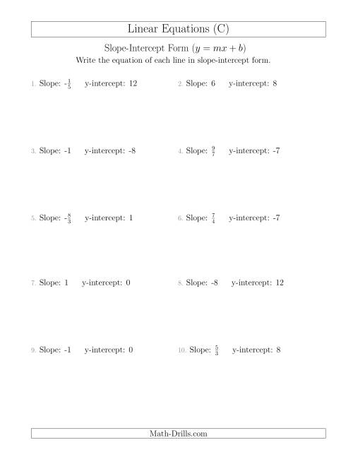 The Writing a Linear Equation from the Slope and y-intercept (C) Math Worksheet