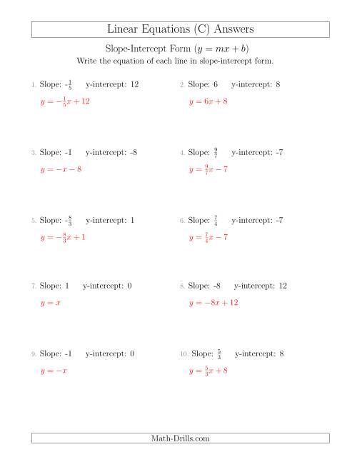 The Writing a Linear Equation from the Slope and y-intercept (C) Math Worksheet Page 2