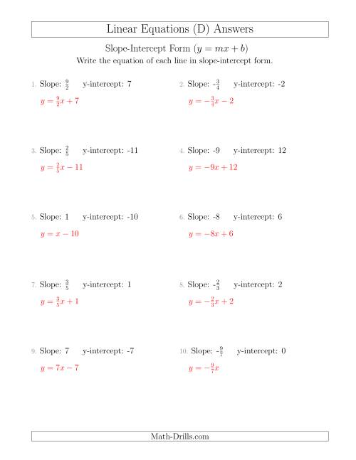 The Writing a Linear Equation from the Slope and y-intercept (D) Math Worksheet Page 2
