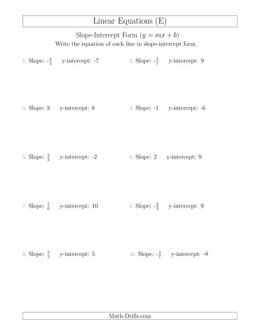 The Writing a Linear Equation from the Slope and y-intercept (E) Math Worksheet