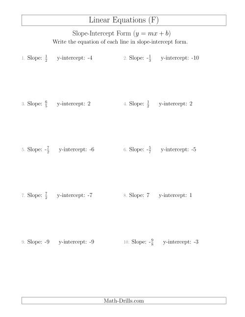 The Writing a Linear Equation from the Slope and y-intercept (F) Math Worksheet