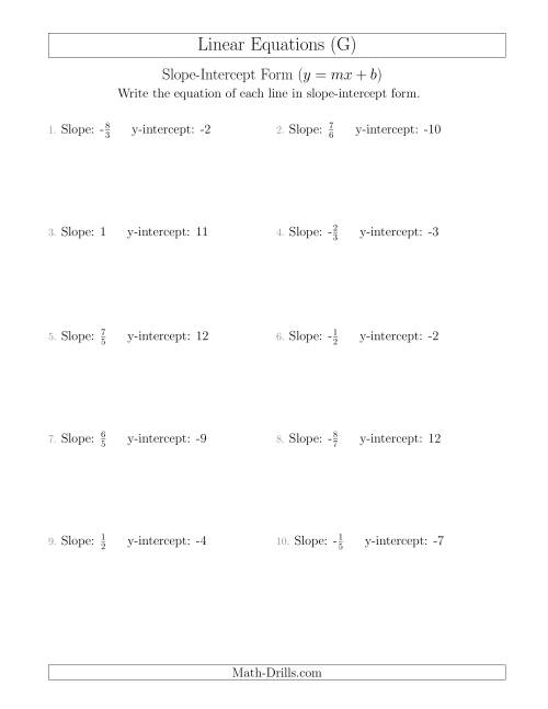 The Writing a Linear Equation from the Slope and y-intercept (G) Math Worksheet