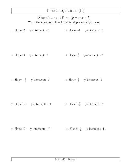 The Writing a Linear Equation from the Slope and y-intercept (H) Math Worksheet