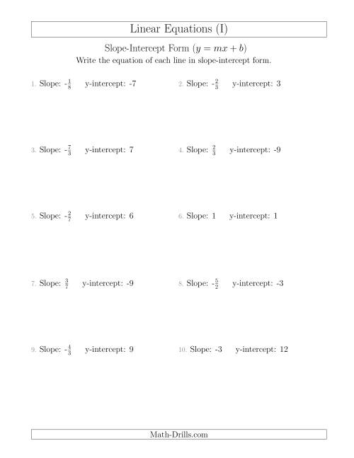 The Writing a Linear Equation from the Slope and y-intercept (I) Math Worksheet