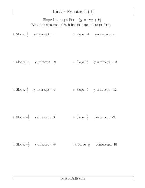 The Writing a Linear Equation from the Slope and y-intercept (J) Math Worksheet