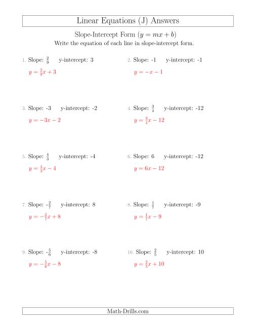 The Writing a Linear Equation from the Slope and y-intercept (J) Math Worksheet Page 2