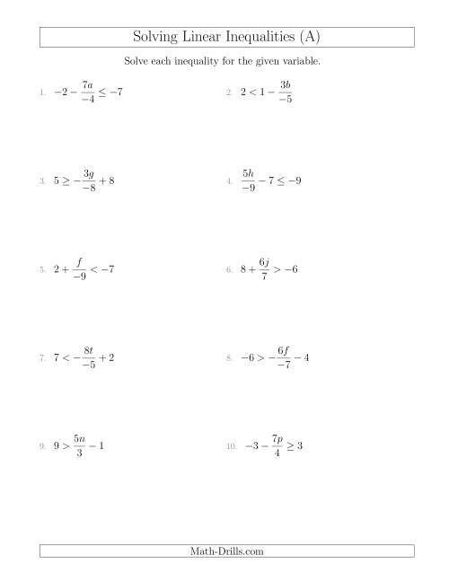 The Solving Linear Inequalities Including a Third Term, Multiplication and Division (A) Math Worksheet