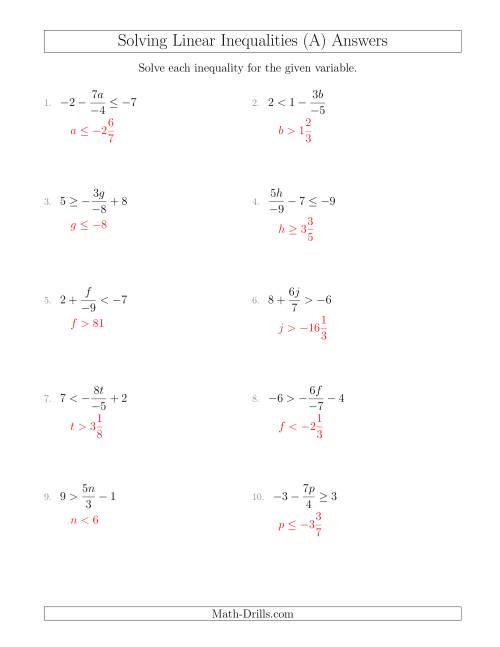The Solving Linear Inequalities Including a Third Term, Multiplication and Division (A) Math Worksheet Page 2