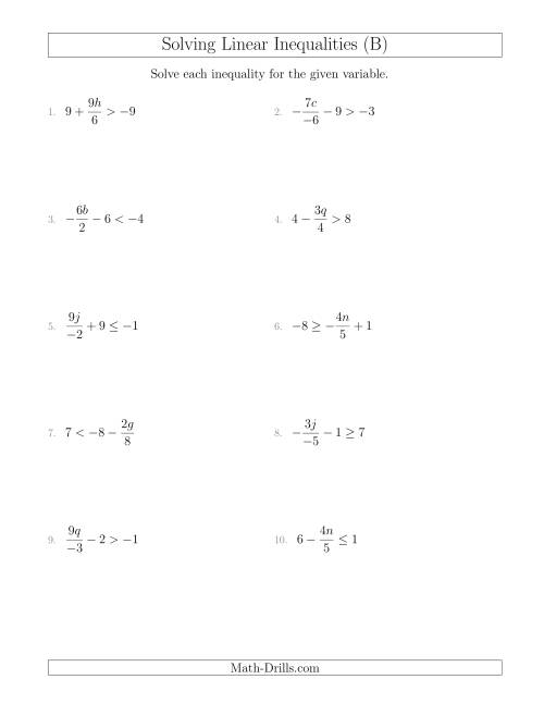 The Solving Linear Inequalities Including a Third Term, Multiplication and Division (B) Math Worksheet