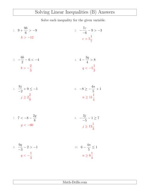 The Solving Linear Inequalities Including a Third Term, Multiplication and Division (B) Math Worksheet Page 2