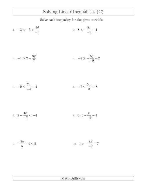 The Solving Linear Inequalities Including a Third Term, Multiplication and Division (C) Math Worksheet