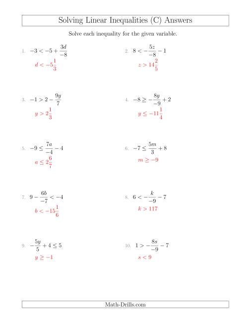 The Solving Linear Inequalities Including a Third Term, Multiplication and Division (C) Math Worksheet Page 2