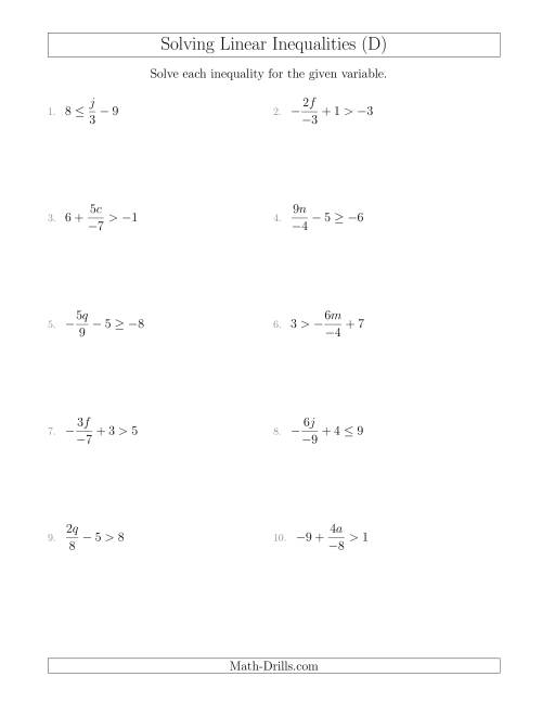 The Solving Linear Inequalities Including a Third Term, Multiplication and Division (D) Math Worksheet