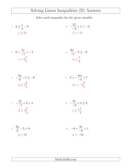 The Solving Linear Inequalities Including a Third Term, Multiplication and Division (D) Math Worksheet Page 2