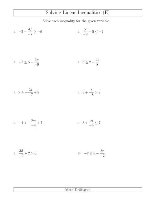 The Solving Linear Inequalities Including a Third Term, Multiplication and Division (E) Math Worksheet