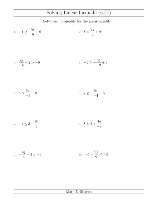 The Solving Linear Inequalities Including a Third Term, Multiplication and Division (F) Math Worksheet