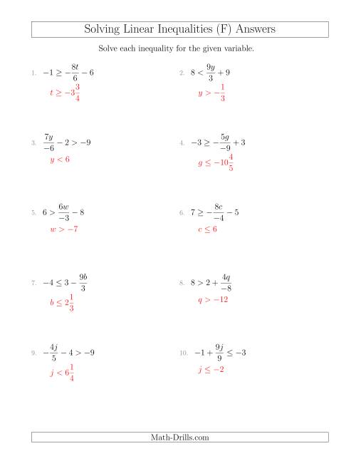 The Solving Linear Inequalities Including a Third Term, Multiplication and Division (F) Math Worksheet Page 2