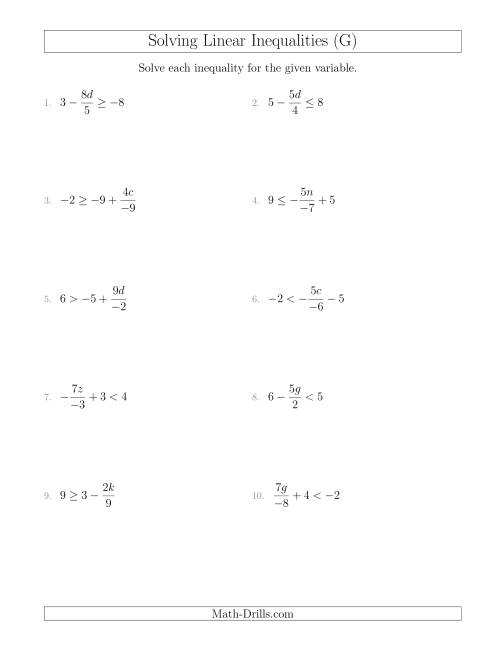The Solving Linear Inequalities Including a Third Term, Multiplication and Division (G) Math Worksheet