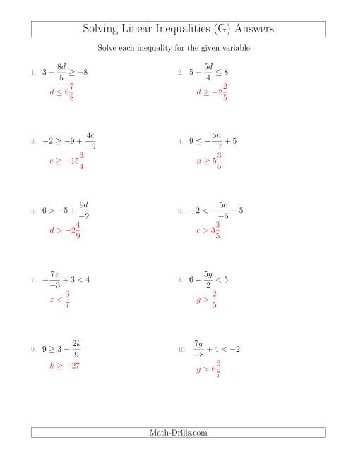 The Solving Linear Inequalities Including a Third Term, Multiplication and Division (G) Math Worksheet Page 2
