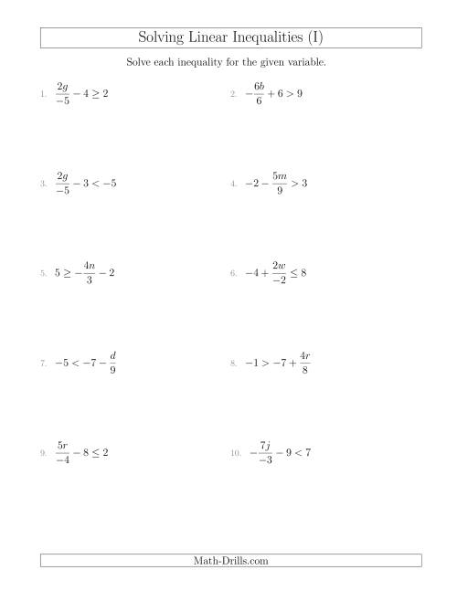 The Solving Linear Inequalities Including a Third Term, Multiplication and Division (I) Math Worksheet