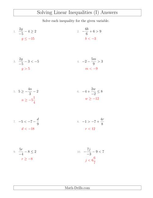 The Solving Linear Inequalities Including a Third Term, Multiplication and Division (I) Math Worksheet Page 2