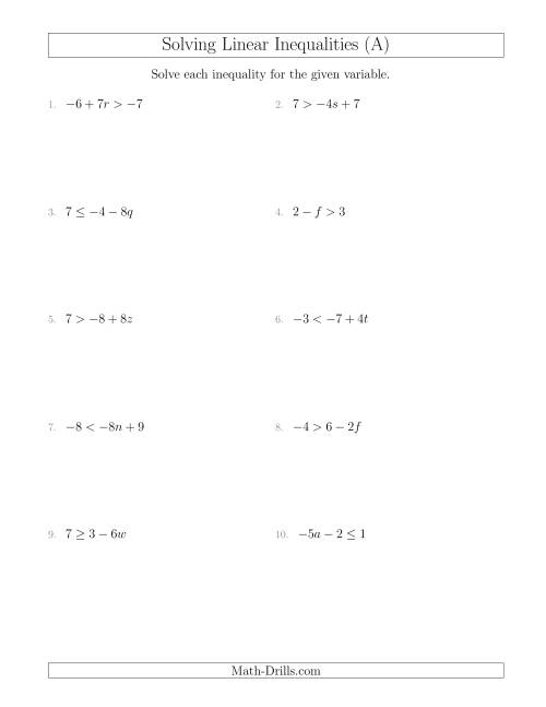 The Solving Linear Inequalities Including a Third Term and Multiplication (A) Math Worksheet