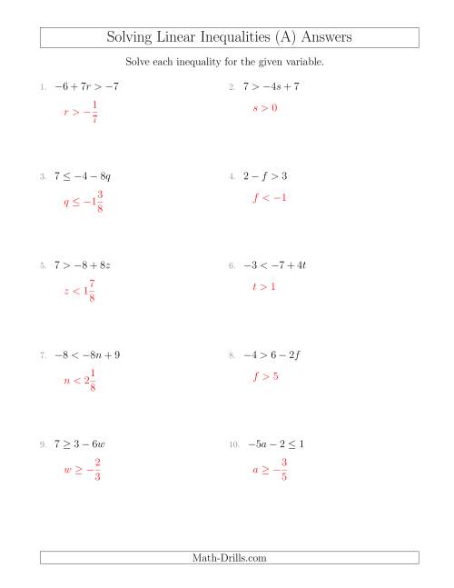 The Solving Linear Inequalities Including a Third Term and Multiplication (A) Math Worksheet Page 2