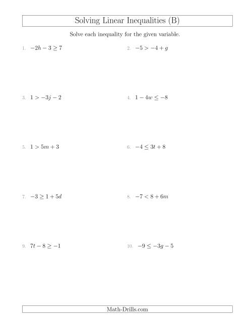 The Solving Linear Inequalities Including a Third Term and Multiplication (B) Math Worksheet