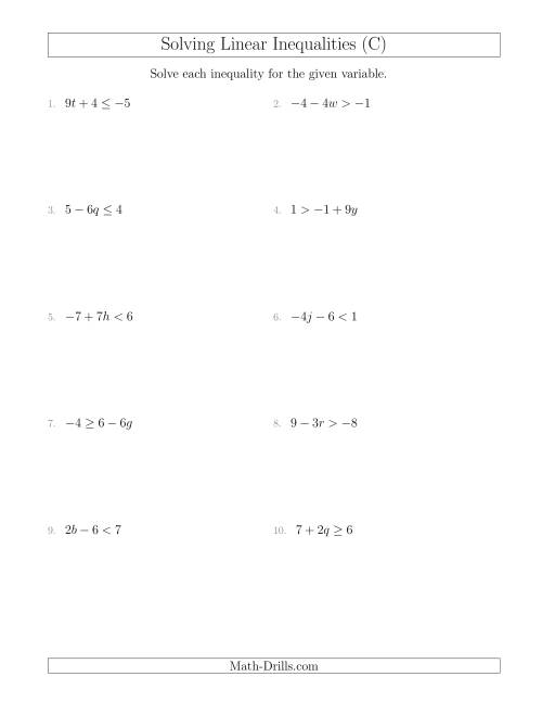 The Solving Linear Inequalities Including a Third Term and Multiplication (C) Math Worksheet