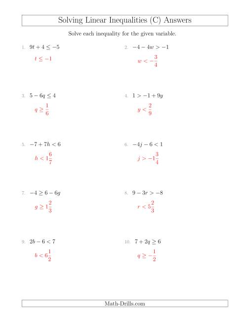 The Solving Linear Inequalities Including a Third Term and Multiplication (C) Math Worksheet Page 2