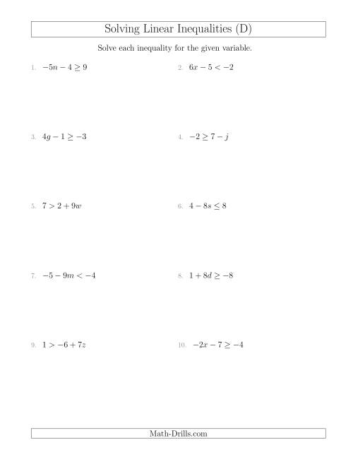 The Solving Linear Inequalities Including a Third Term and Multiplication (D) Math Worksheet