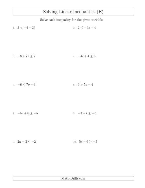 The Solving Linear Inequalities Including a Third Term and Multiplication (E) Math Worksheet