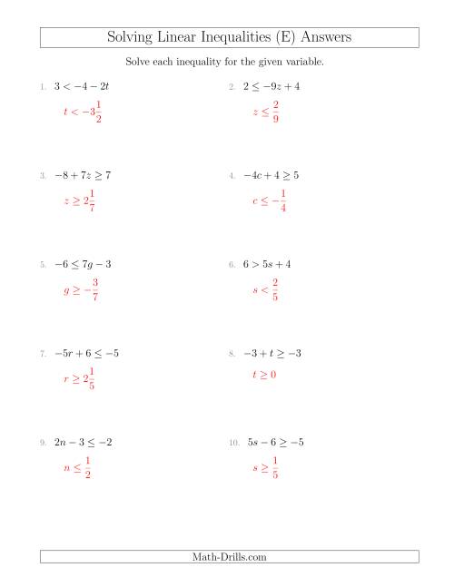 The Solving Linear Inequalities Including a Third Term and Multiplication (E) Math Worksheet Page 2
