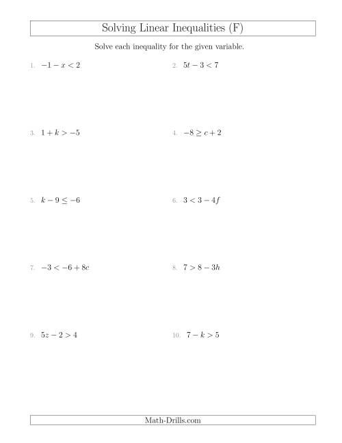 The Solving Linear Inequalities Including a Third Term and Multiplication (F) Math Worksheet