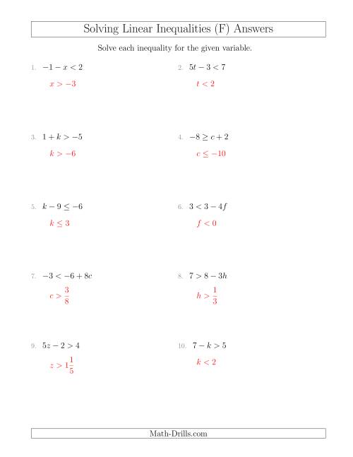 The Solving Linear Inequalities Including a Third Term and Multiplication (F) Math Worksheet Page 2