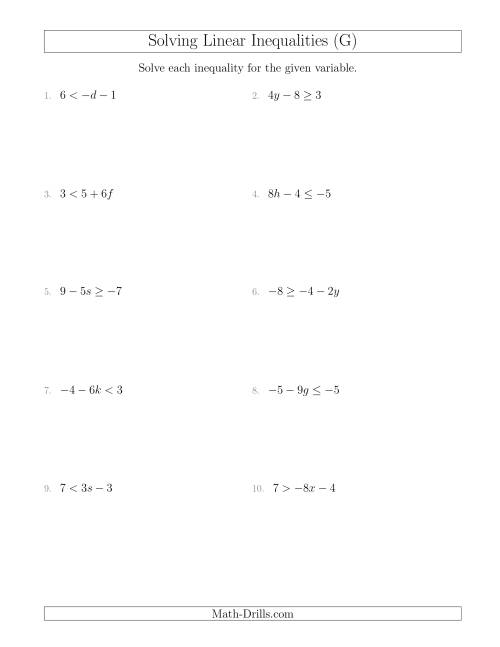 The Solving Linear Inequalities Including a Third Term and Multiplication (G) Math Worksheet
