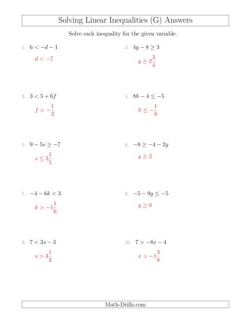 The Solving Linear Inequalities Including a Third Term and Multiplication (G) Math Worksheet Page 2