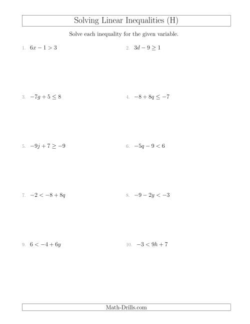 The Solving Linear Inequalities Including a Third Term and Multiplication (H) Math Worksheet