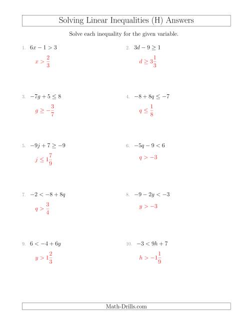 The Solving Linear Inequalities Including a Third Term and Multiplication (H) Math Worksheet Page 2