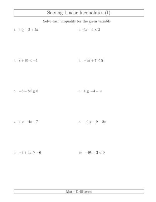 The Solving Linear Inequalities Including a Third Term and Multiplication (I) Math Worksheet