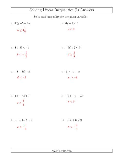 The Solving Linear Inequalities Including a Third Term and Multiplication (I) Math Worksheet Page 2