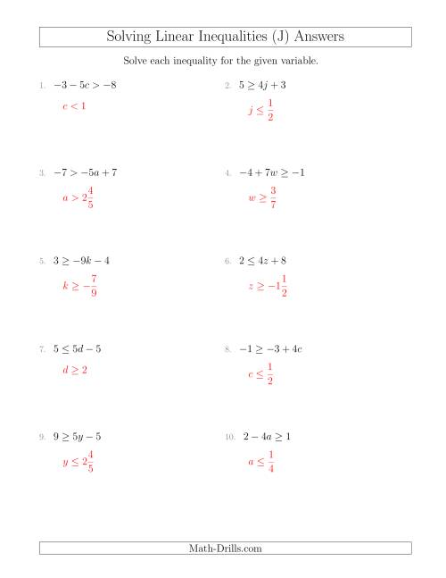 The Solving Linear Inequalities Including a Third Term and Multiplication (J) Math Worksheet Page 2