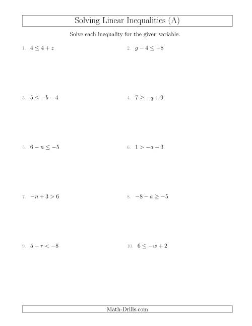 The Solving Linear Inequalities Including a Third Term (A) Math Worksheet