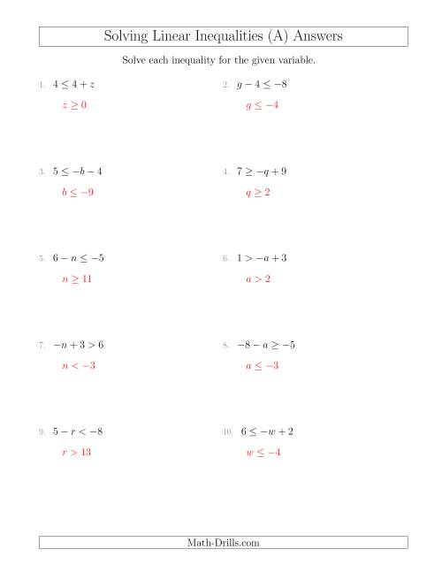 The Solving Linear Inequalities Including a Third Term (A) Math Worksheet Page 2