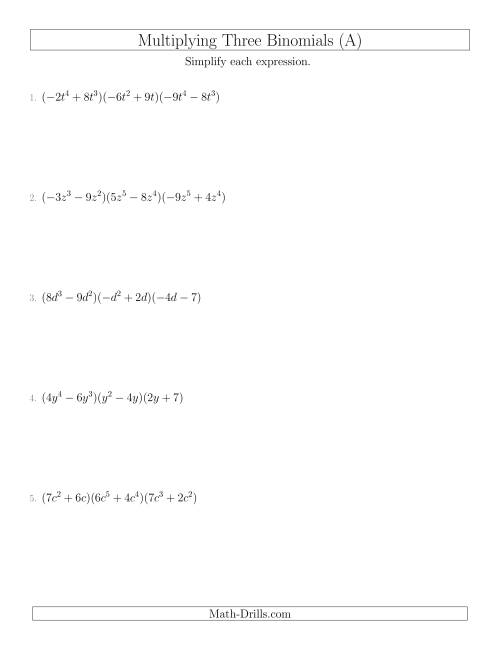 The Multiplying Three Binomials (A) Math Worksheet
