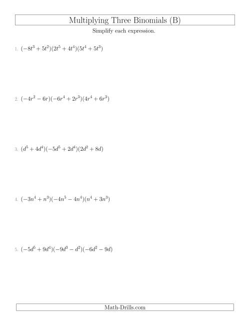The Multiplying Three Binomials (B) Math Worksheet
