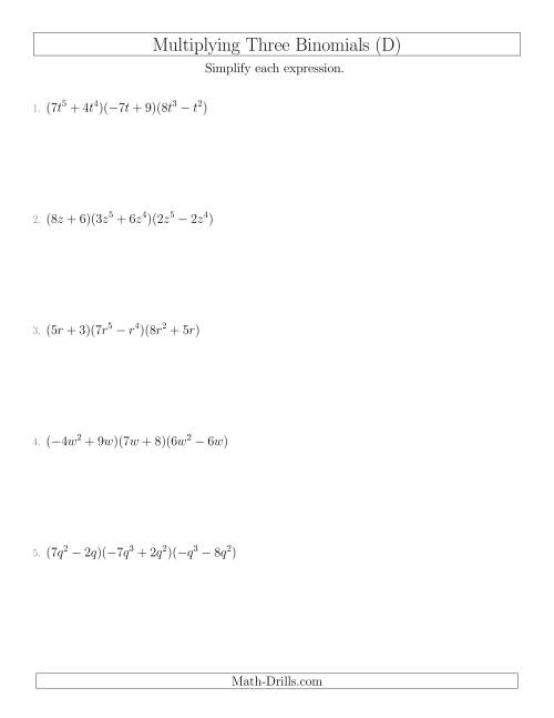 The Multiplying Three Binomials (D) Math Worksheet