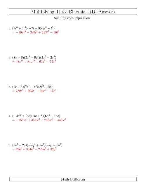 The Multiplying Three Binomials (D) Math Worksheet Page 2